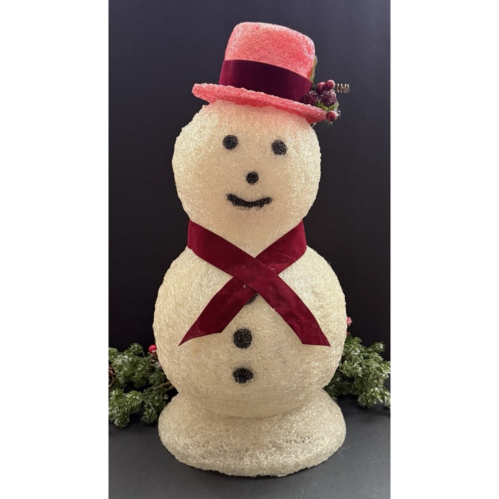 VTG 20" Spun Lucite Spaghetti Plastic‎ Snowman Christmas Decor Red Hat & Scarf